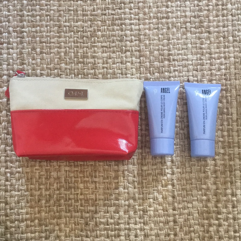 Two 1 oz Angel perfuming body cream + cosmetic bag